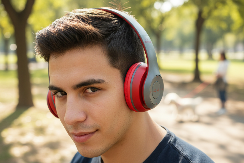 Hombre joven usando audífonos Bluetooth inalámbricos P47 gris y rojo mientras pasea a su perro en el parque